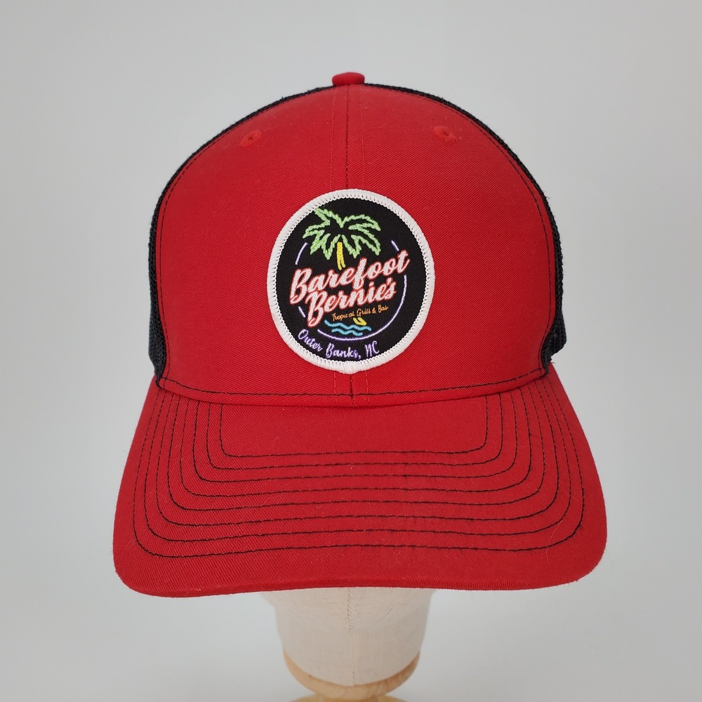 Richardson 112 Barefoot Bernies Outer Banks NC Trucker Hat Red Black Snapback